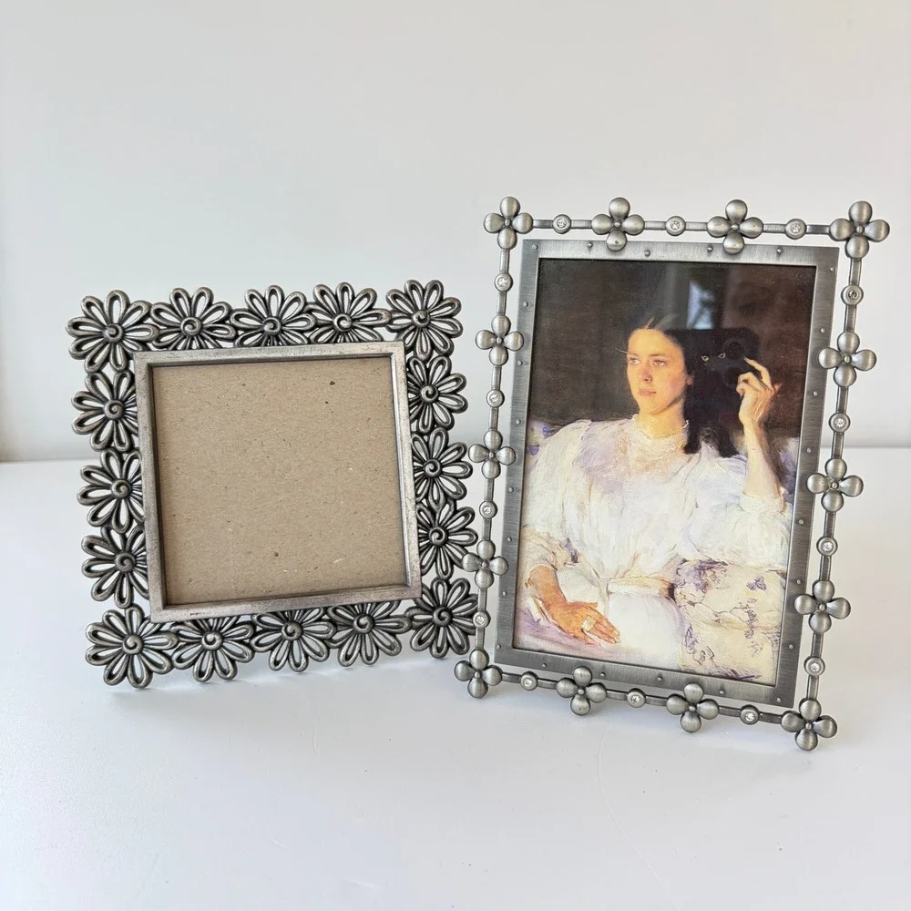Elsa L Pewter Tone Metal Picture Frame Set Daisy and Rhinestone Clover 4x6 3x3